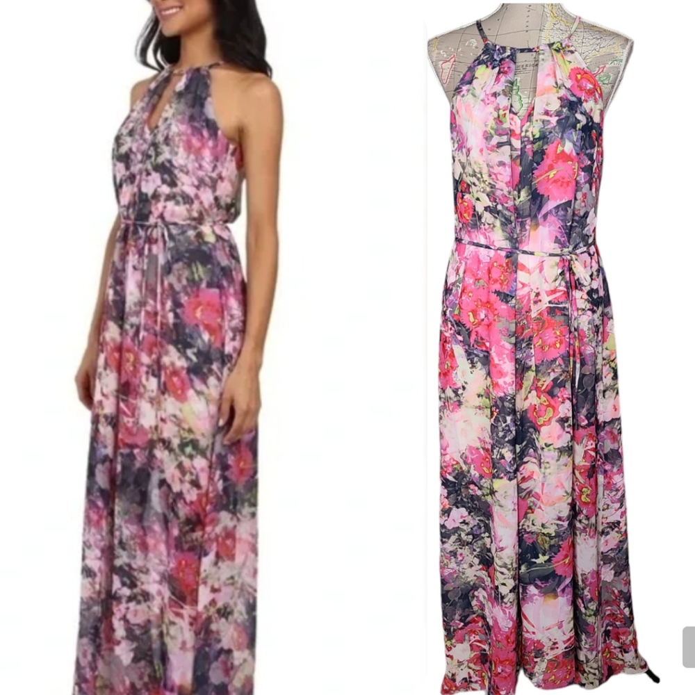 Vintage Y2K Halter Maxi Dress Maggy London Size 10 Pink Colorful Floral Chiffon